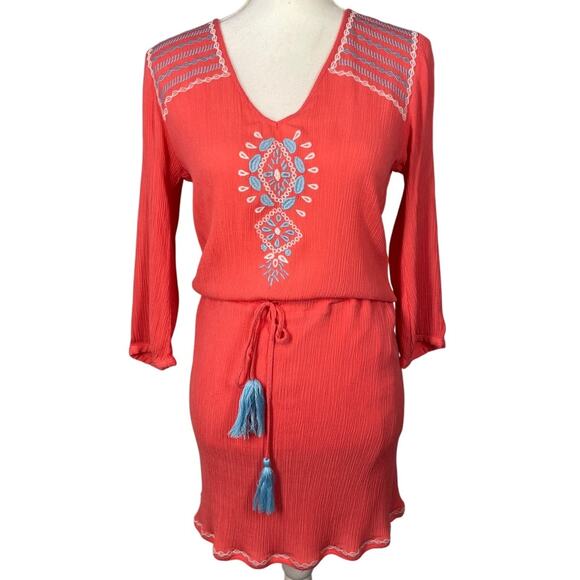 THML, Size Medium, Coral Pink Boho Dress, Tassels, Embroidered, Lined, Mini - Picture 1 of 8